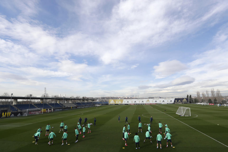 Real Madrid players attend a training session at the team's Valdebebas training ground in Madrid, Spain, Tuesday, Feb. 25, 2020. Real Madrid will play against Manchester City in a Champions League soccer match on Wednesday. (AP Photo/Manu Fernandez)