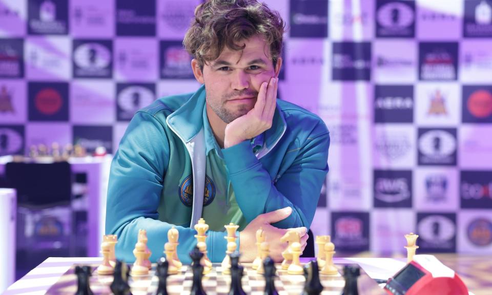 <span>‘I see these young guys winning tournaments, I’m thinking: ‘Oh, maybe they’ve improved?’ So when I stay ahead of them it gives me a lot of pleasure,’ says Magnus Carlsen.</span><span>Photograph: Martin Godwin/The Observer</span>