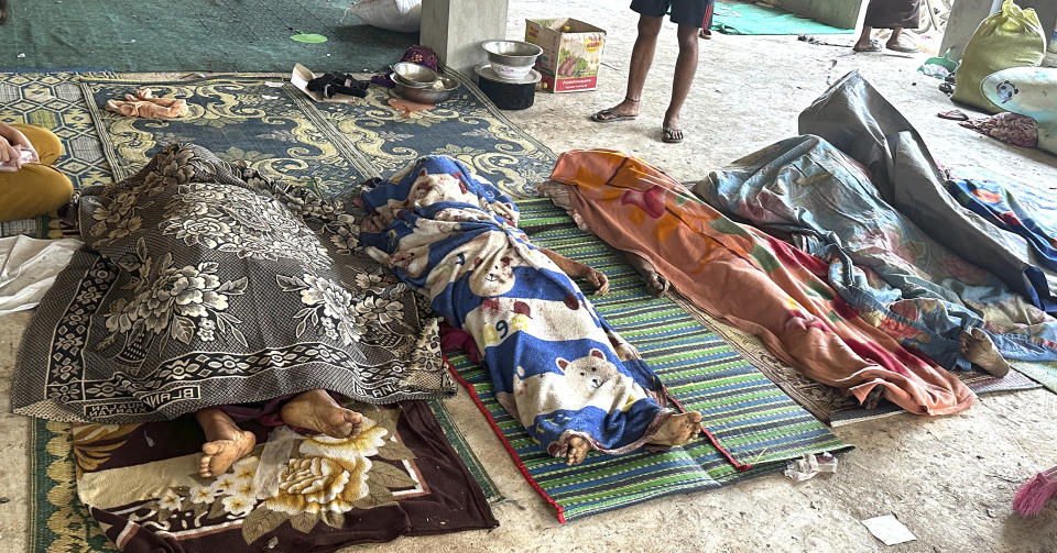 This undated photo released by the Free Burma Rangers, shows the bodies of the five victims out of eight after a Buddhist monastery sheltering civilians displaced by fighting in the town of Papun, Karen state, Myanmar was attacked on March 31, 2024 by a regime warplane. (Free Burma Rangers via AP)