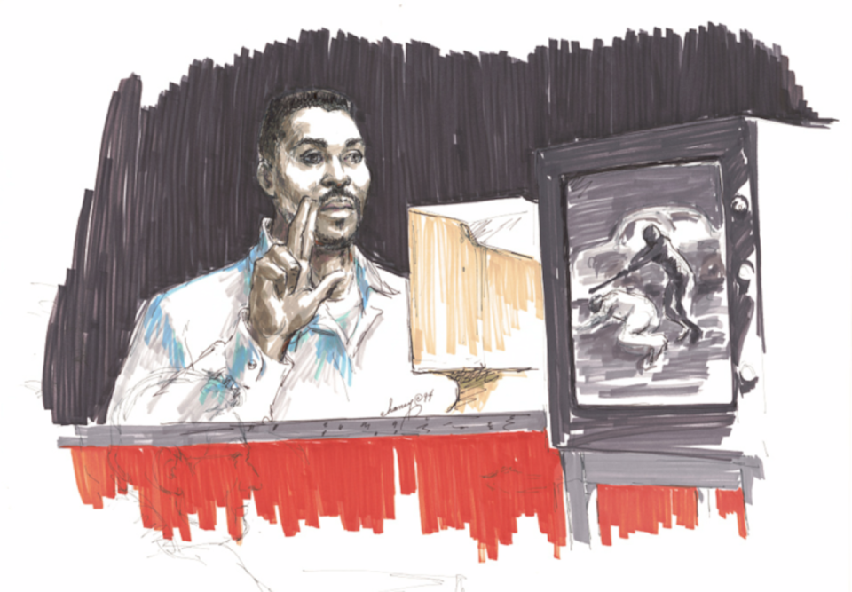 Mary Chaney’s sketch of Rodney King on the witness stand during his 1994 trial. <a href="https://blogs.loc.gov/loc/files/2021/02/Screen-Shot-2021-02-23-at-4.24.49-PM-768x534.png" rel="nofollow noopener" target="_blank" data-ylk="slk:Library of Congress;elm:context_link;itc:0;sec:content-canvas" class="link ">Library of Congress</a>