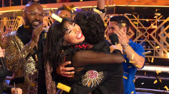 Xochitl Gomez celebrates winning "Dancing With the Stars" with partner Valentin Chmerkovskiy
