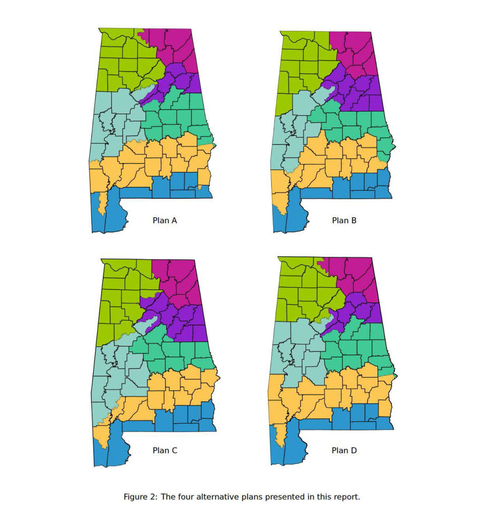 Four alternate district maps submitted by the plaintiffs.<span class="copyright">Milligan v. Merrill</span>