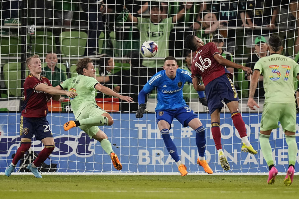Real Salt Lake midfielder Maikel Chang (16) deflects a pass intended for Austin FC midfielder Alexander Ring, second from left, during the second half of an MLS soccer match in Austin, Texas, Saturday, June 3, 2023. (AP Photo/Eric Gay)