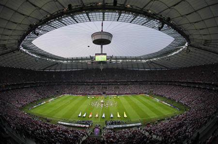 A general view of national stadium in Warsaw before the Group A Euro 2012 soccer match between Russia and Poland in this June 12, 2012 file photo. REUTERS/Leonhard Foeger/Files