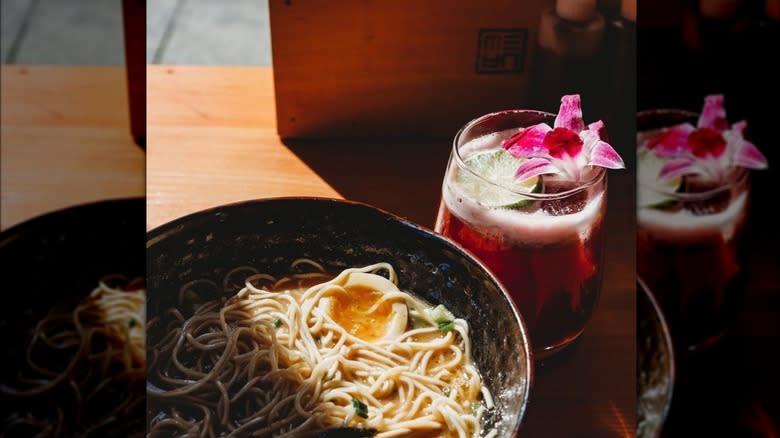 Bowl of ramen with beverage