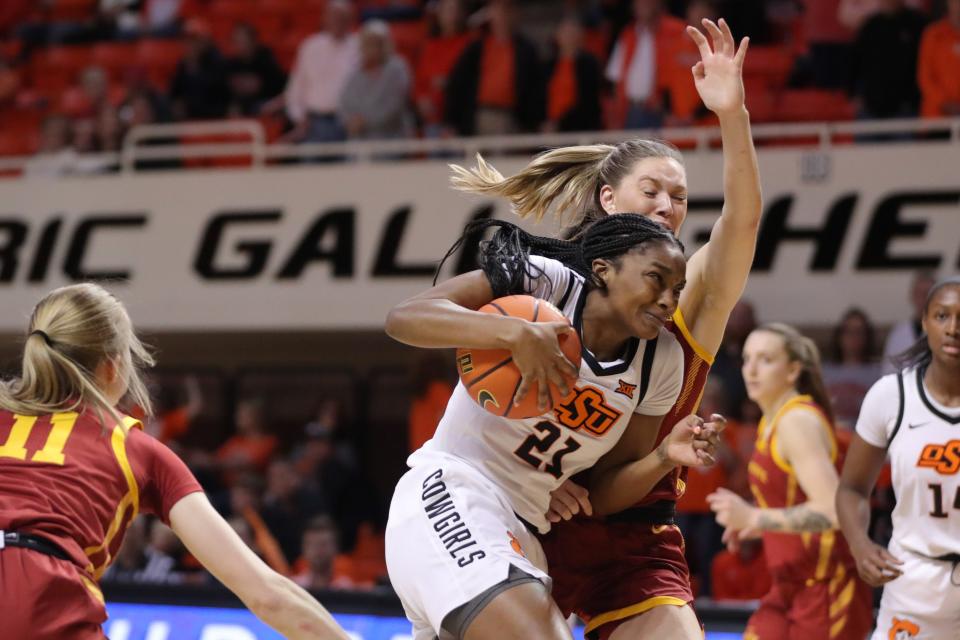 Oklahoma State's Terryn Milton (21) has been a key piece to the Cowgirls' resurgence this season.