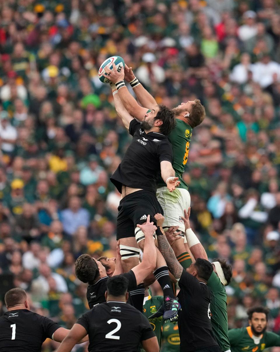 New Zealand’s Sam Whitelock, left, and South Africa’s Duane Vermeulen (AP)