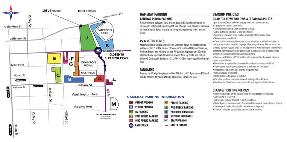 Map showing street closures and parking lots for the 2022 Camellia Bowl in Montgomery.