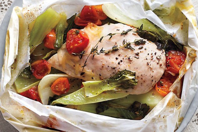 Chicken, Bok Choy, and Tomatoes in Parchment