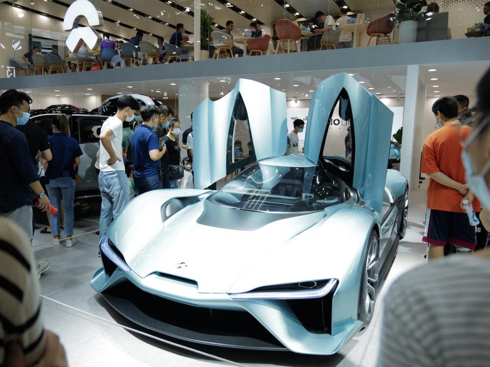 A NIO EP9 electric vehicle is on display during Guangdong-Hong Kong-Macao Greater Bay Area International Auto Show 2021 at Shenzhen Convention and Exhibition Center on July 17, 2021 in Shenzhen, Guangdong Province of China.