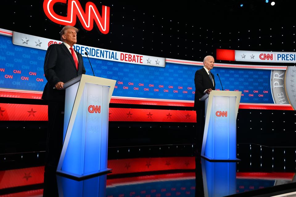 ATLANTA, GEORGIA, UNITED STATES - JUNE 27: President of the United States Joe Biden and Former President Donald Trump participate in the first Presidential Debate at CNN Studios in Atlanta, Georgia, United States on June 27, 2024. (Photo by Kyle Mazza/Anadolu via Getty Images)