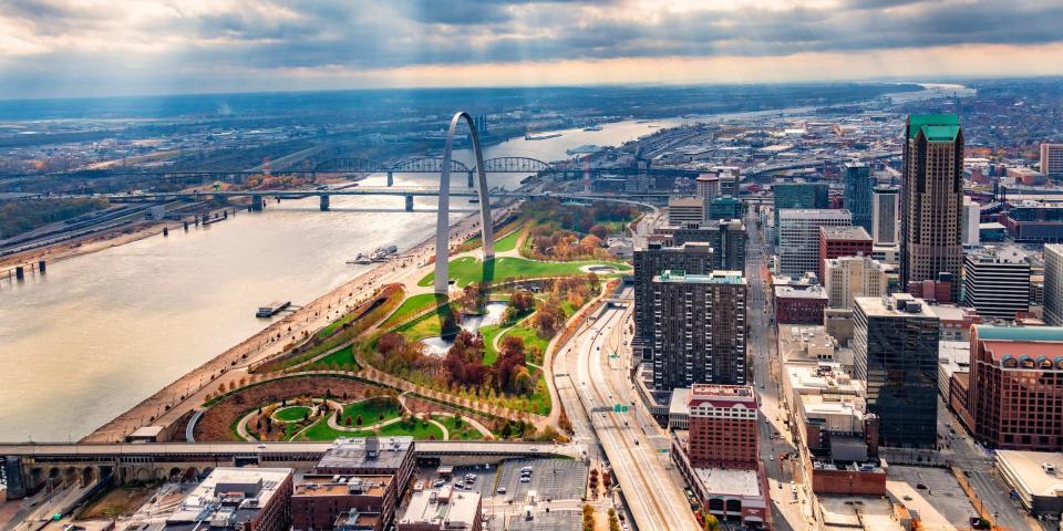 An aerial view of downtown St. Louis, Missouri.