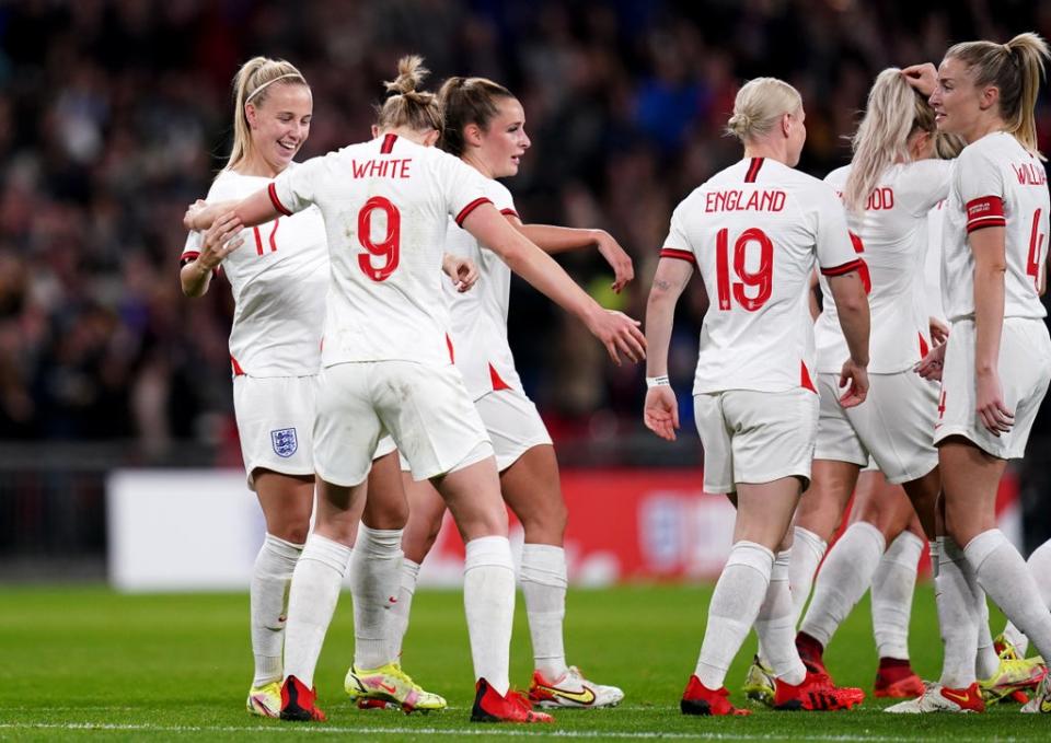 Beth Mead, left, celebrates her first goal (John Walton/PA) (PA Wire)