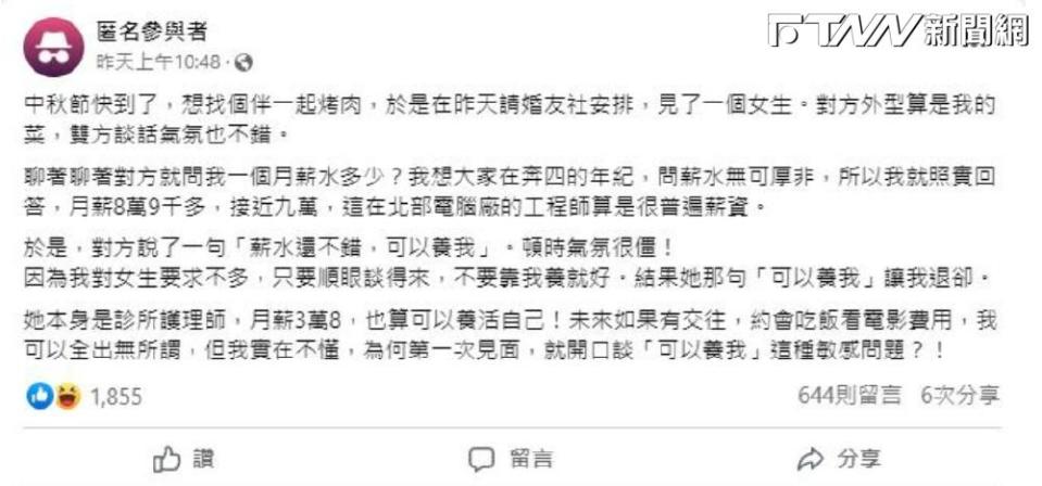 原PO也相當不解，指出自己唯一的擇偶要求，是對方只希望對方「不要靠我養就好」。（圖／臉書「匿名2公社」）