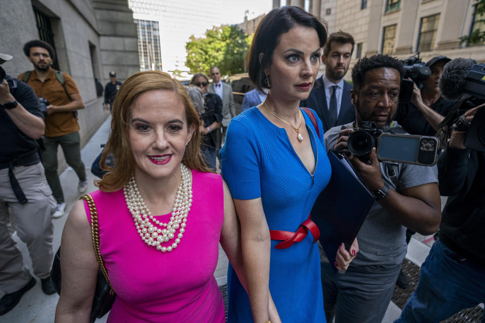 FILE - Elizabeth Stein, left, and Sarah Ransome, an alleged victim of Jeffrey Epstein and Ghislaine Maxwell, walk to federal court, Tuesday, June 28, 2022, in New York. Sexual assault victims in New York will get a one-time opportunity to sue their abusers starting Thursday under a new law expected to bring a wave of litigation against prison guards, middle managers, doctors and a few prominent figures including former President Donald Trump. (AP Photo/John Minchillo, File)