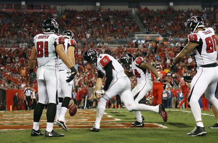 Nov 3, 2016; Tampa, FL, USA; Atlanta Falcons quarterback Matt Ryan (2) spikes the ball after they scored a touchdown against the Tampa Bay Buccaneers during the second half at Raymond James Stadium. Atlanta Falcons defeated the Tampa Bay Buccaneers 43-28. Mandatory Credit: Kim Klement-USA TODAY Sports