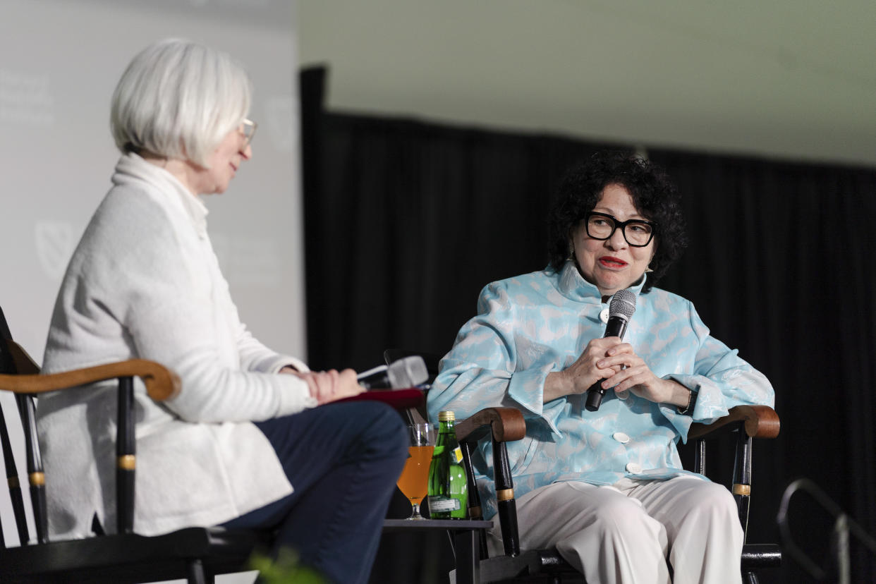 Justice Sonia Sotomayor, right, speaks with Martha Minow, former dean of Harvard Law School, before receiving the 2024 Radcliffe Medal at the Harvard Radcliffe Institute during Radcliffe Day at Harvard University in Cambridge, Mass., on Friday, May 24, 2024. (Sophie Park/The New York Times)