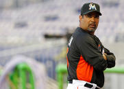 MIAMI, FL - MARCH 06: Miami Marlins manager Ozzie Guillen looks on during a game against the University of Miami Hurricanes at Marlins Park on March 6, 2012 in Miami, Florida. (Photo by Mike Ehrmann/Getty Images)