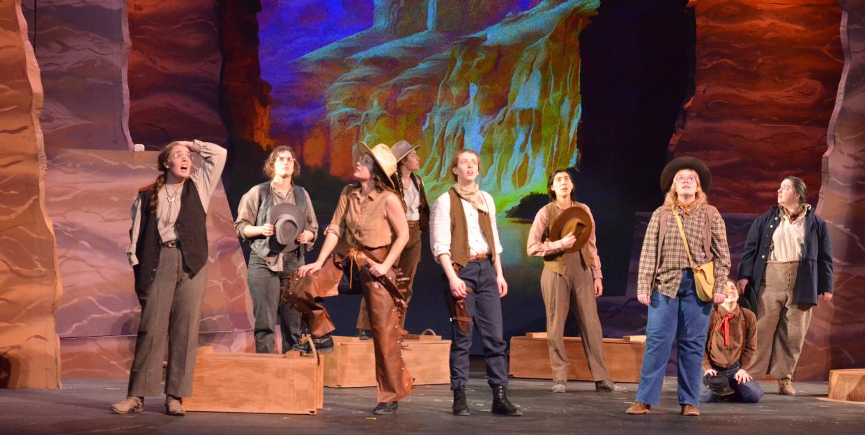 The explorers react with amazement to the sight of the Grand Canyon in a scene from "Men on Boats" at the Croswell Opera House.