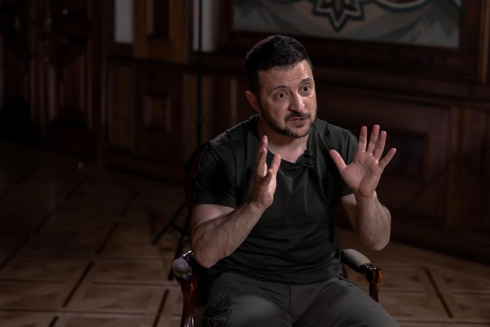 Ukrainian president Volodymyr Zelensky speaks during an interview with AFP at the Presidential Office in Kyiv, on 17 May 2024, amid the Russian invasion of Ukraine (AFP via Getty Images)