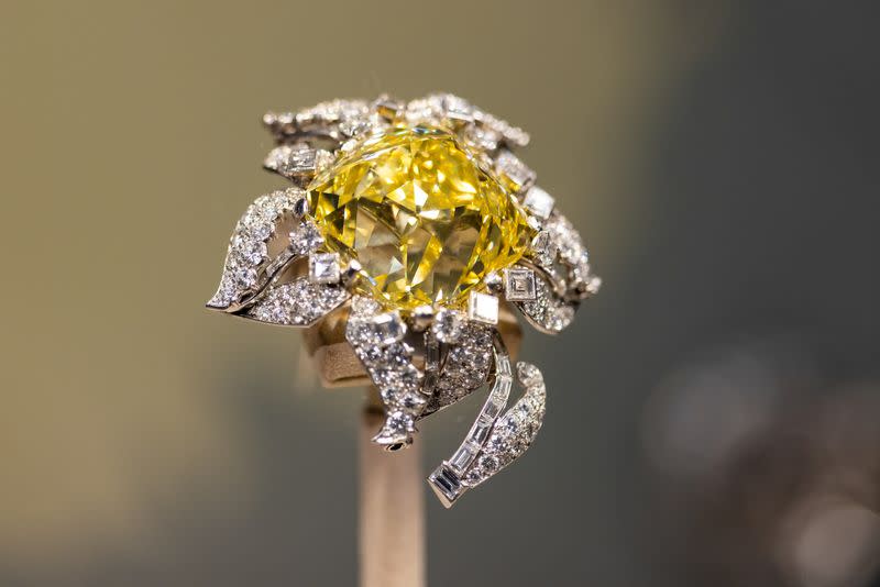 The Allnatt, a 101.29-carat yellow diamond is displayed ahead of auction in Geneva