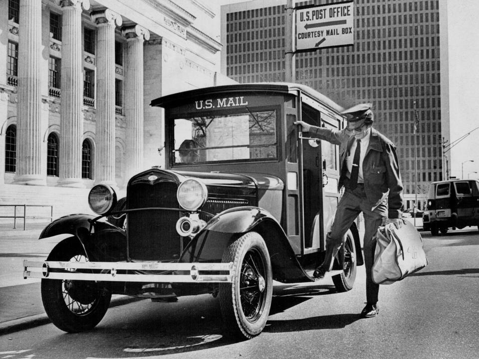 A vintage mail truck in 1976