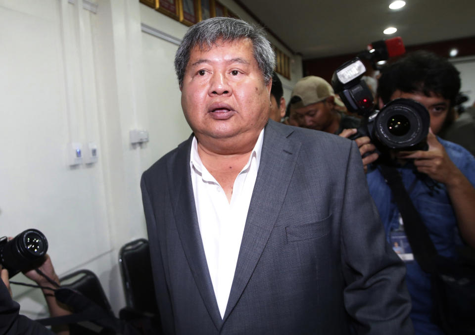 FILE - Thai business tycoon, chairman of Italian-Thai Development Plc, one of Thailand’s top construction firms, Premchai Karnasuta arrives at the wildlife police headquarters in Bangkok, Thailand on March 14, 2018. Karnasuta convicted poaching protected animals in a wildlife reserve was freed Tuesday Oct. 17, 2023 on parole two months ahead of the end of his prison term. (AP Photo/Sakchai Lalit, File)
