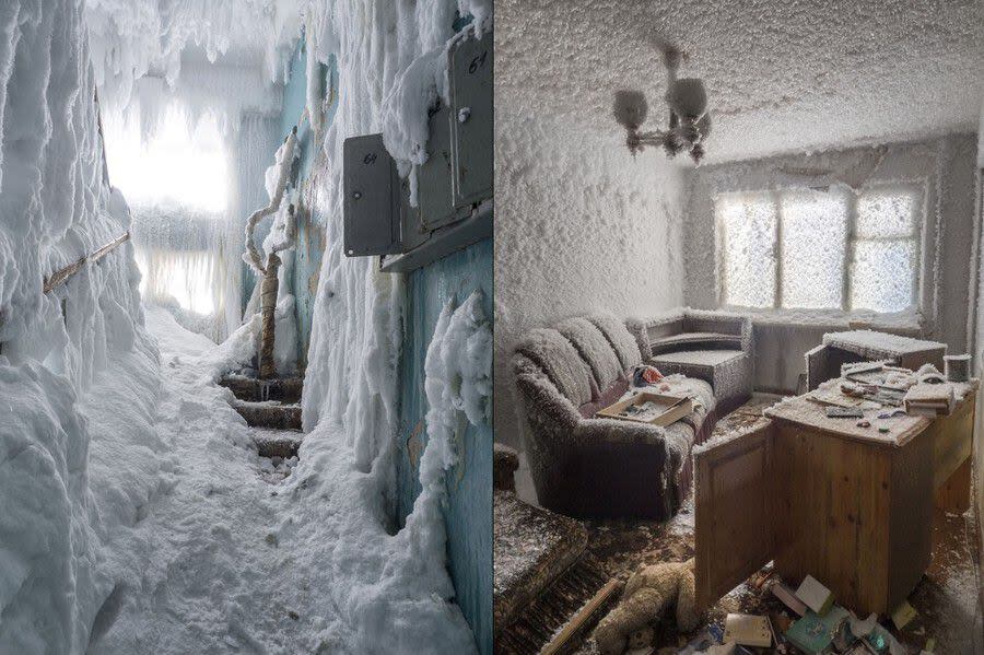 Casas completamente abandonadas y cubiertas de hielo y nieve en Vorkuta (Maria Passer/Anadolu Agency)