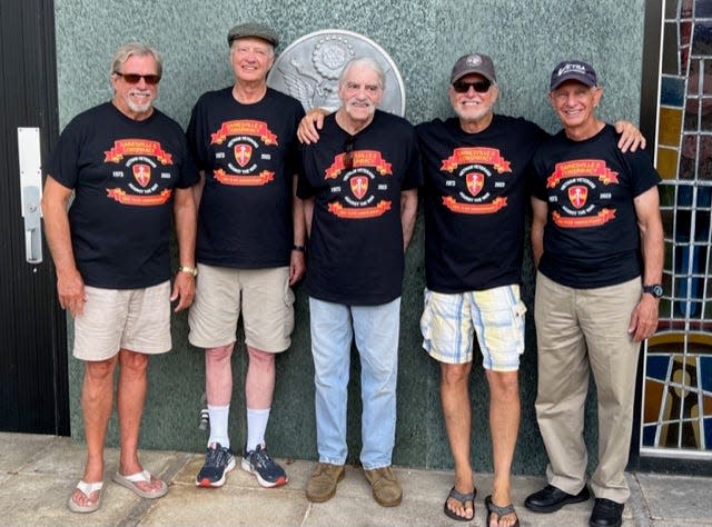 The five living Gainesville Eight members reunite 50 years after one of several Nixon-era conspiracy trials aimed at suppressing anti-war activism. (Left to right: John Briggs, Peter Mahoney, Scott Camil, Stanley Michelsen and Don Perdue)