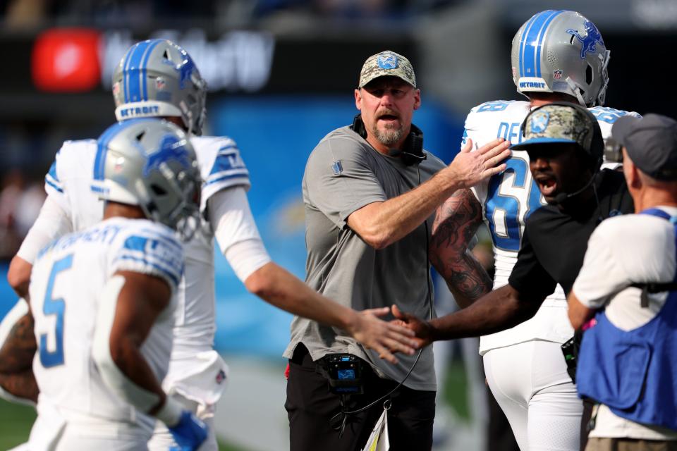 Detroit Lions head coach Dan Campbell reacts to a touchdown during the second quarter against the Los Angeles Chargers at SoFi Stadium on November 12, 2023 in Inglewood, California.
