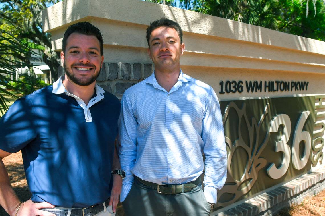 Brothers Brandon Greenplate, left, and Evan Greenplate with Greenplate Group Real Estate stand at their recently completed workforce housing named 36 South on Hilton Head Island. The former bank and office building has been converted into eight, three-bedroom units where each unit can sleep a total of six people.