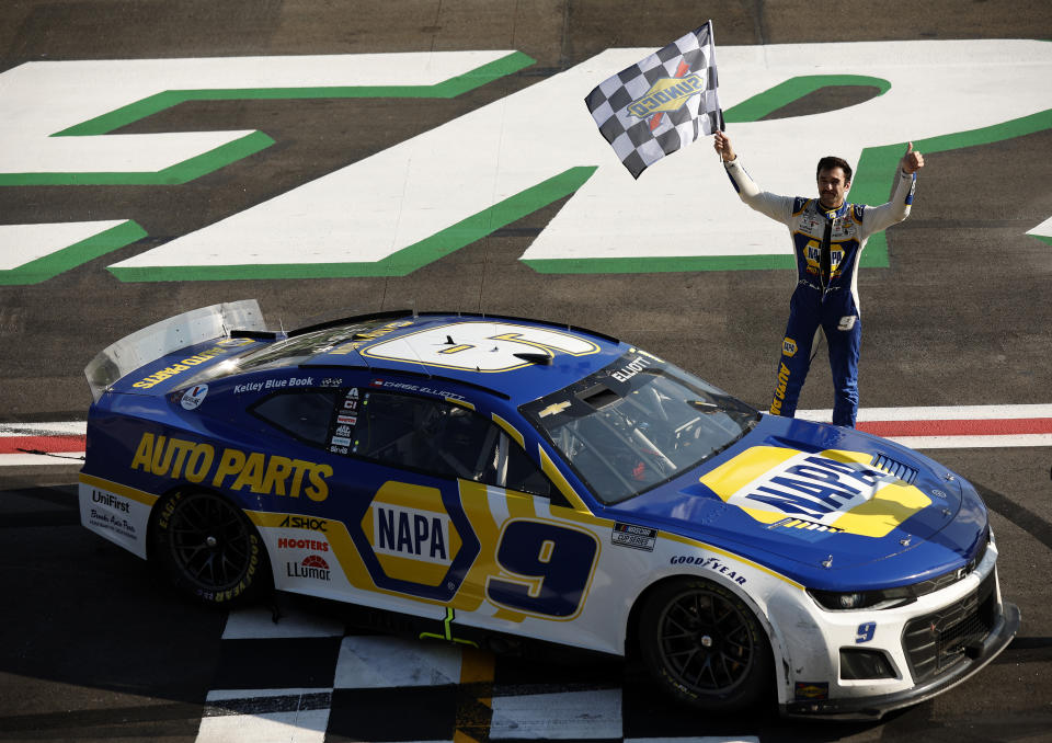 HAMPTON, GEORGIA - JULY 10: Chase Elliott, driver of the #9 NAPA Auto Parts Chevrolet, celebrates after winning the NASCAR Cup Series Quaker State 400 at Atlanta Motor Speedway on July 10, 2022 in Hampton, Georgia. (Photo by Jared C. Tilton/Getty Images)