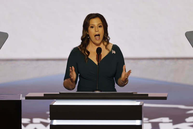 Rep. Elise Stefanik, R-NY, House Republican Conference Chair, says "our constitution and the soul of our very nation are on the ballot," during her speech Tuesday at the 2024 Republican National Convention at Fiserv Forum in Milwaukee. Photo by Tannen Maury/UPI