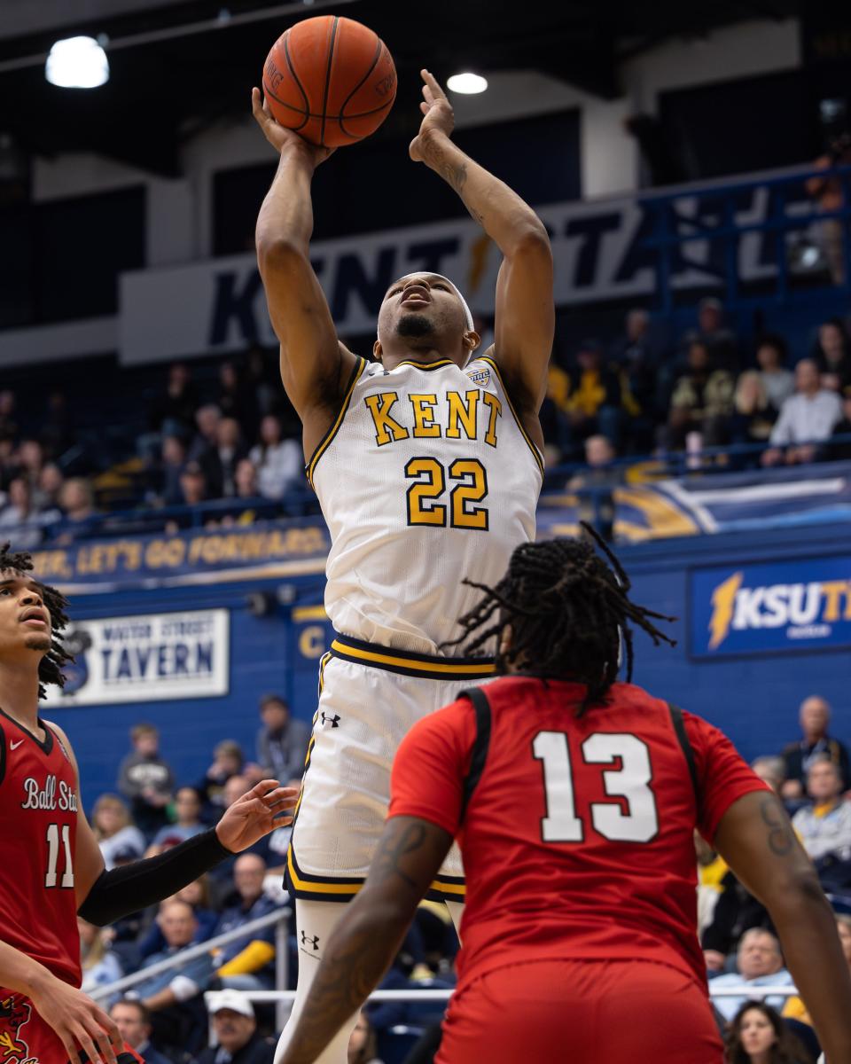 Kent State guard Tyem Freeman goes up to score against Ball State last week.