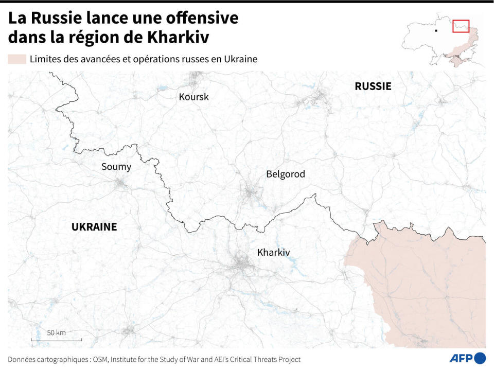 Carte du Nord-Est de l’Ukraine localisant la région de Kharkiv frontalière avec la Russie.