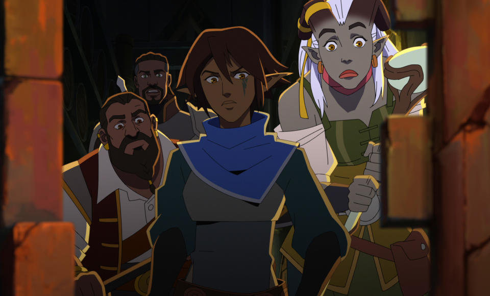 (L to R) Keston John as Lacklon, Phil Lamarr as Roland, Kimberly Brooks as Miriam and Ashly Burch as Qwydion. Courtesy of Netflix