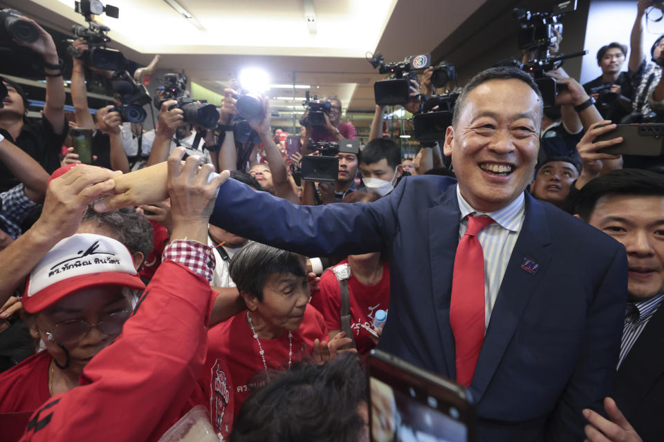 Pheu Thai political party's Srettha Thavisin reacts as he attends a press conference after Thailand's parliament voted in favor of his prime ministerial candidacy, at the party headquarters in Bangkok, Thailand, Tuesday, August 22, 2023. (AP Photo/Wason Wanichakorn)