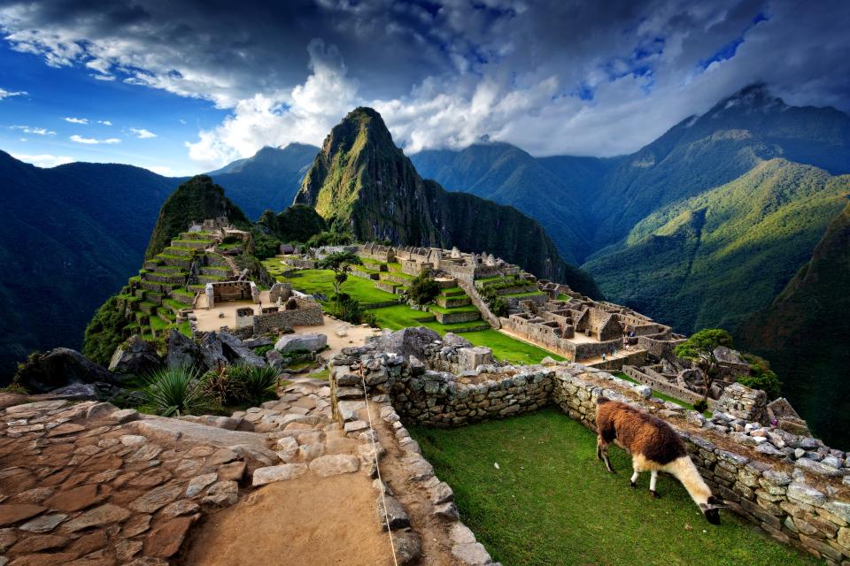 <h1 class="title">Llama standing by stone steps leading up from old ruins of Machu Picchu, Peru, spring evening</h1><cite class="credit">Photo: Getty Images</cite>