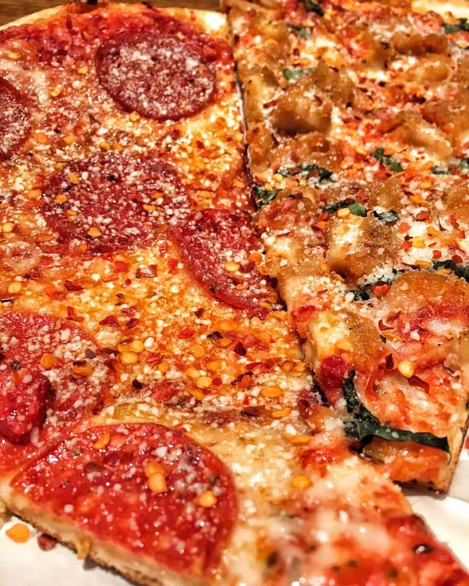 Closeup of pepperoni and chicken parm pizza slices, New York Pizza Suprema, Manhattan