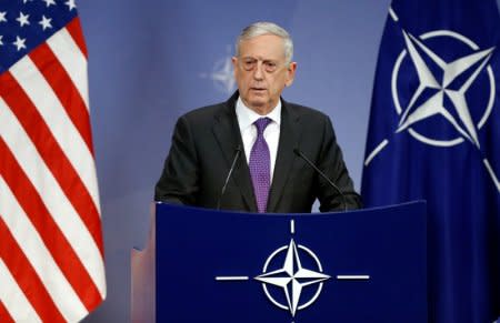 U.S. Secretary of Defence Jim Mattis addresses a news conference during a NATO defence ministers meeting at the Alliance headquarters in Brussels, Belgium, February 15, 2018. REUTERS/Francois Lenoir