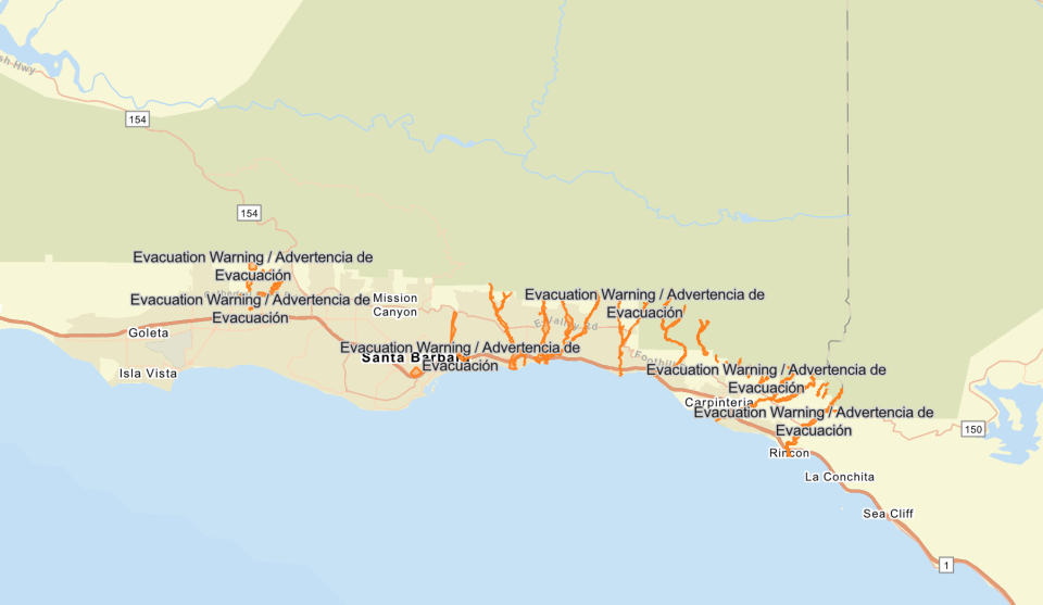 Santa Barbara County officials have issued evacuation warnings, indicated in orange, for several neighbourhoods (Santa Barbara County Office of Emergency Management)
