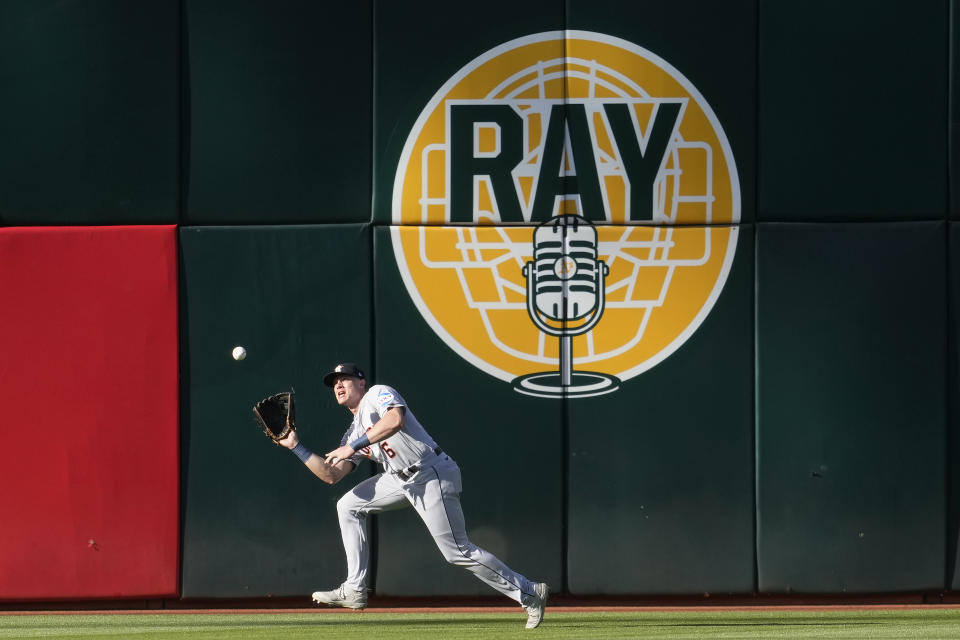 Houston Astros center fielder Jake Meyers catches a ball hit by Oakland Athletics' Tony Kemp during the first inning of a baseball game in Oakland, Calif., Saturday, July 22, 2023. (AP Photo/Jeff Chiu)