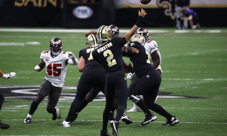 Jameis Winston throws a touchdown pass against the Bucs.