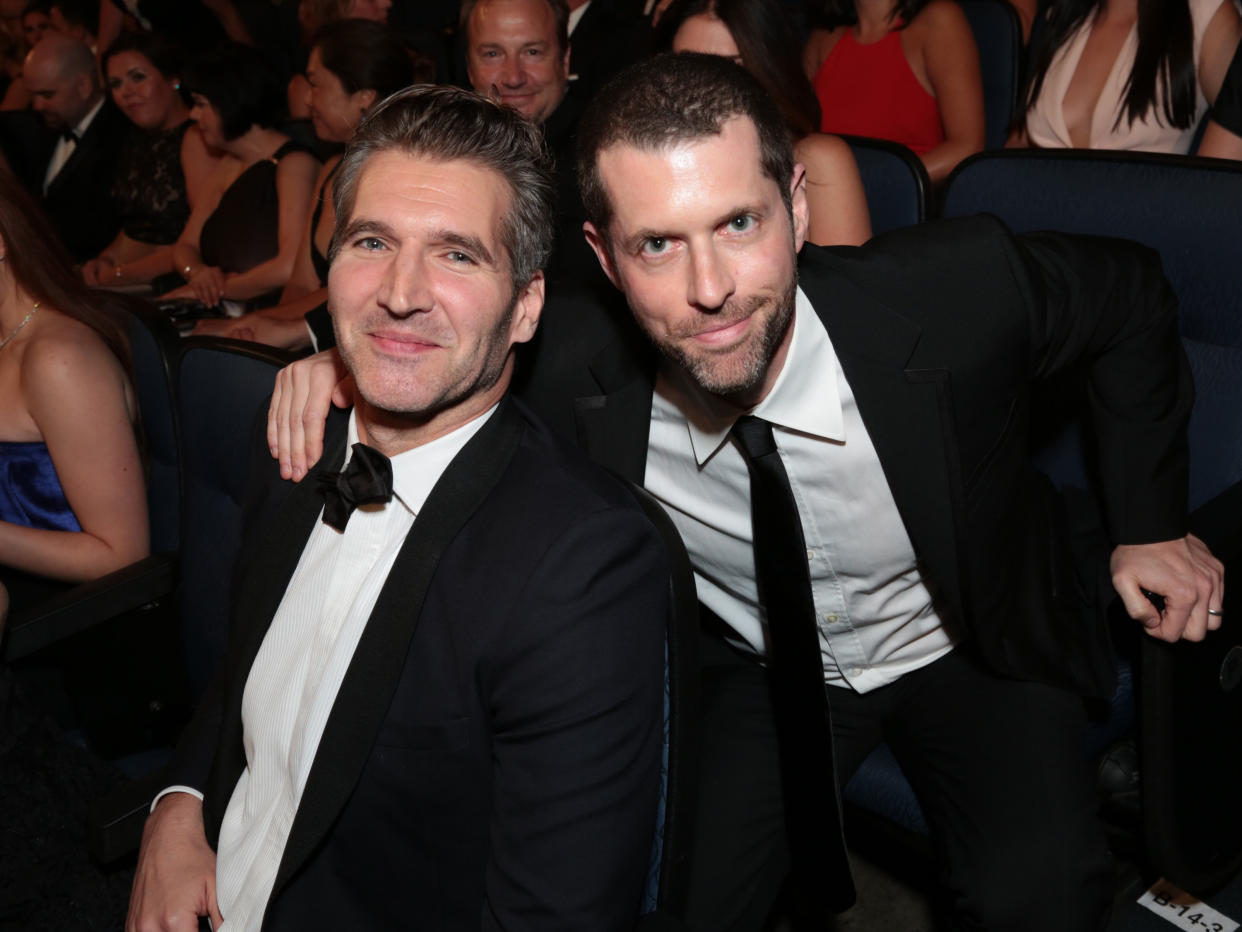 EXCLUSIVE - David Benioff, left, and D.B. Weiss attend the 67th Primetime Emmy Awards on Sunday, Sept. 20, 2015, at the Microsoft Theater in Los Angeles. (Photo by Alex Berliner/Invision for the Television Academy/AP Images)