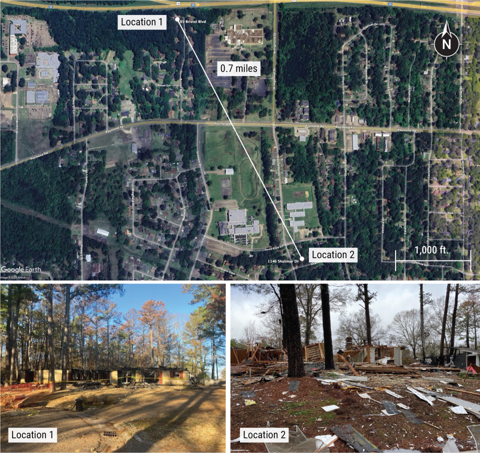 ​​Map and photographs of home explosion locations in Jackson, Miss.