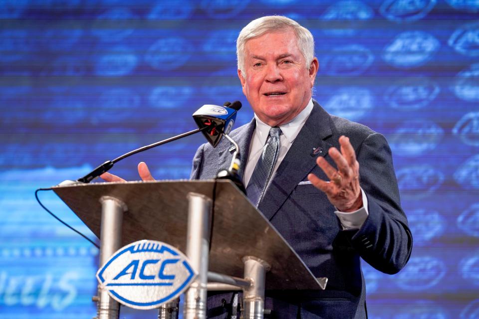 Jul 21, 2022; Charlotte, NC, USA; North Carolina head coach Mack Brown talks to the media during the second day of ACC Media Days at the Westin Hotel in Charlotte, NC.