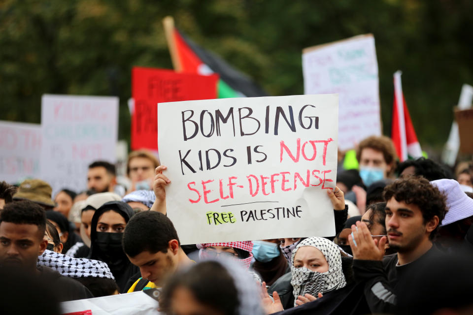 Hundreds of protestors, mostly university students, gathered to protest against Israeli airstrikes in Gaza Strip, at Toronto's Queen's Park outside the Legislative Assembly on Oct. 20. (Photo by Mert Alper Dervis/Anadolu via Getty Images)