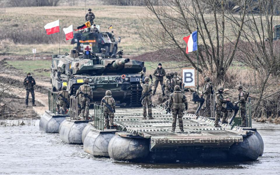Soldiers train on the Vistula River as part of the Dragon-24 exercise in Korzeniewo, northern Poland