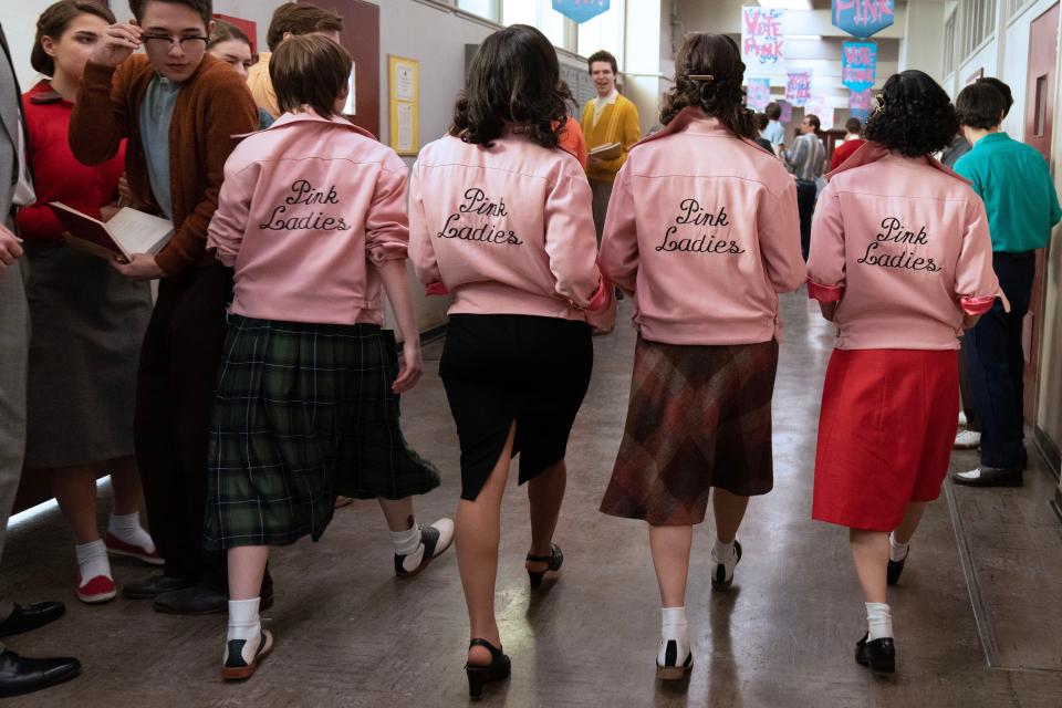 Ari Notartomaso as Cynthia Zdunowski, Cheyenne Wells as Olivia Valdovinos, Marisa Davila as Jane Facciano and Tricia Fukuhara as Nancy Nakagawa in "Grease: Rise of the Pink Ladies."