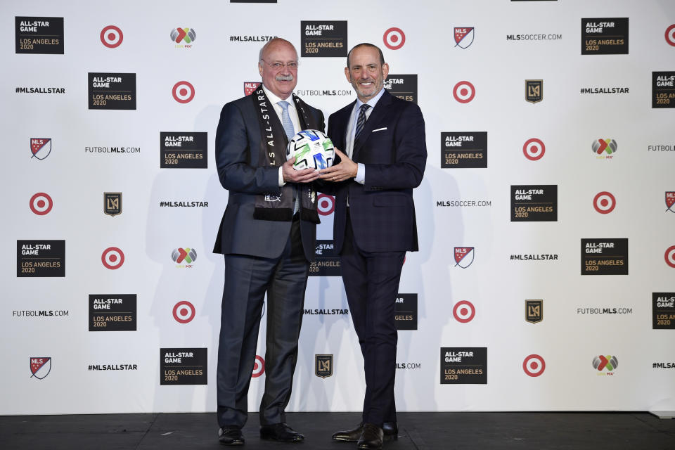 Liga MX executive president Enrique Bonilla (left) and MLS commissioner Don Garber announced Wednesday that the 2020 MLS All-Star game would feature the top players from North America's two best leagues. (Kelvin Kuo/USA Today)